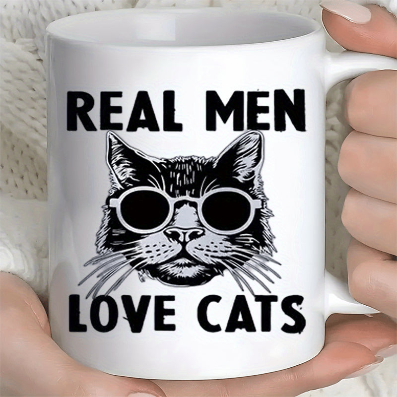 Tailorly White Ceramic 11 oz Mug - Real Men Love Cats Stylized Black And White Sketch Wearing Round Sunglasses Cat