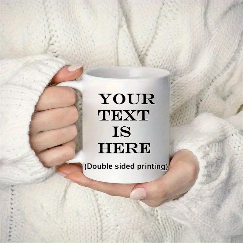 Tailorly White Ceramic 11 oz Mug - Your Text Is Here Double Sided Printing Minimalist White Ceramic Vessel Held Within Cozy Knitted Sweater Sleeves Mug
