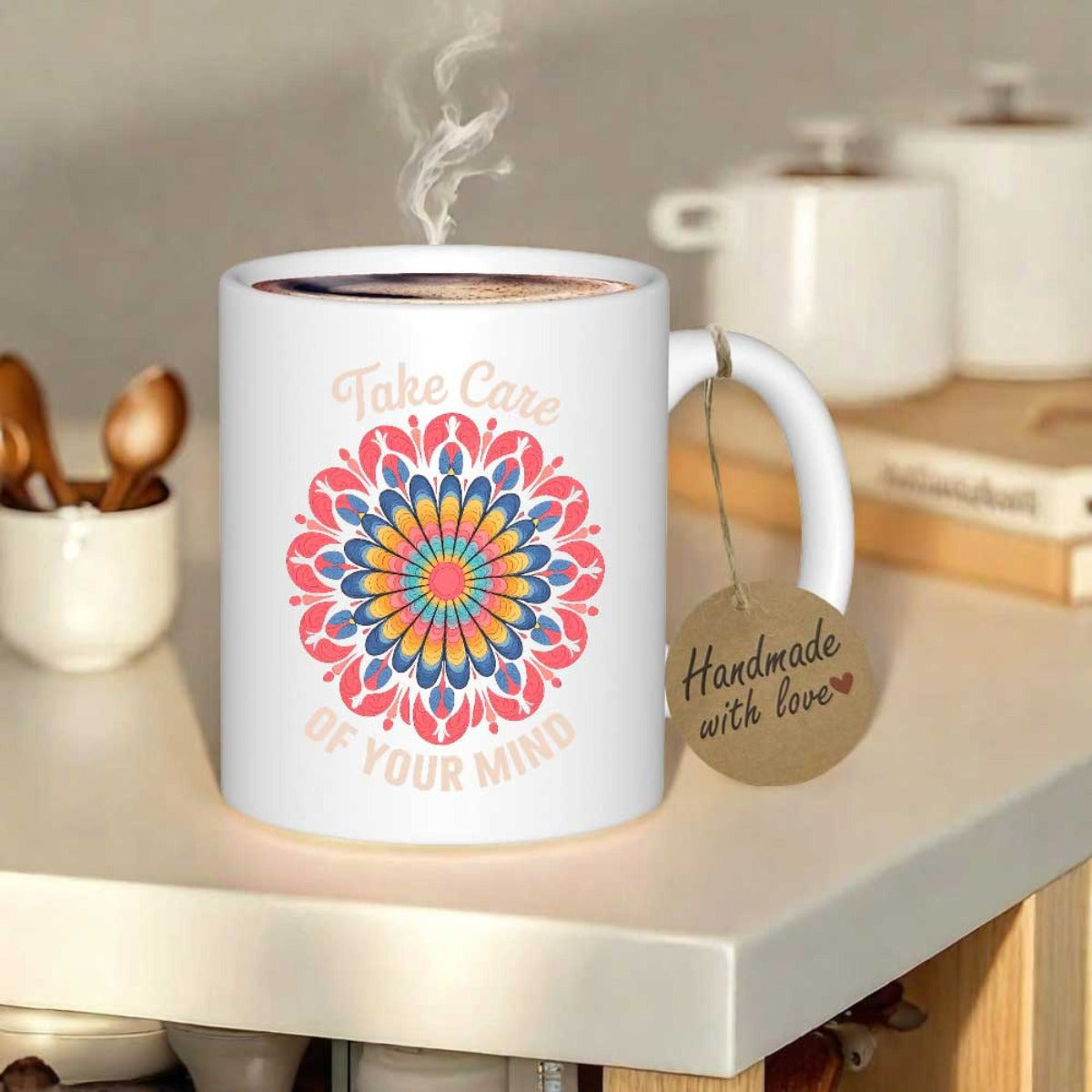 Tailorly White Ceramic 11 oz Mug - Take Care Of Your Mind Vibrant Geometric Floral Pattern With Intricate Colorful Symmetrical Petals Mandala