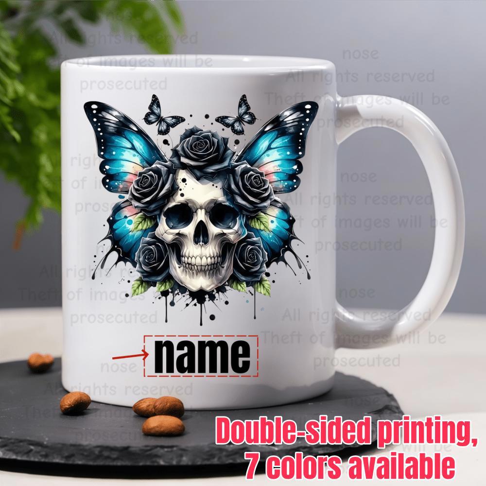 Tailorly White Ceramic 11 oz Mug - Name Gothic Skull With Dark Roses And Radiant Turquoise Butterfly Wings Skull