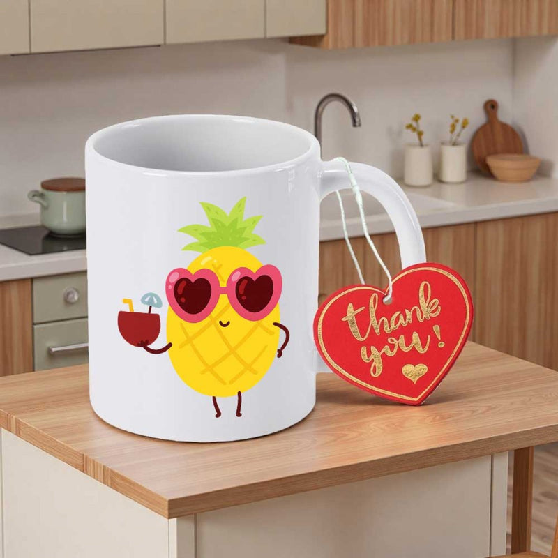 Tailorly White Ceramic 11 oz Mug - Thank You Adorable Cartoon Fruit Wearing Pink Heart Sunglasses Holding Tropical Coconut Drink Pineapple