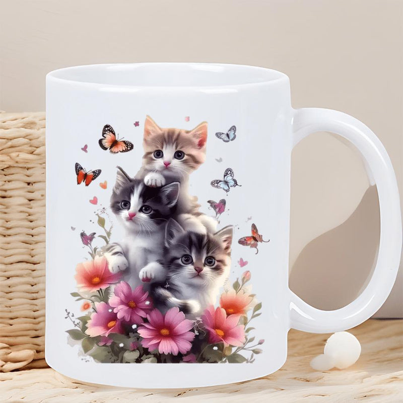 Tailorly White Ceramic 11 oz Mug - Vibrant Blooming Garden With Three Playful Fluffy Kittens Among Butterflies Kittens