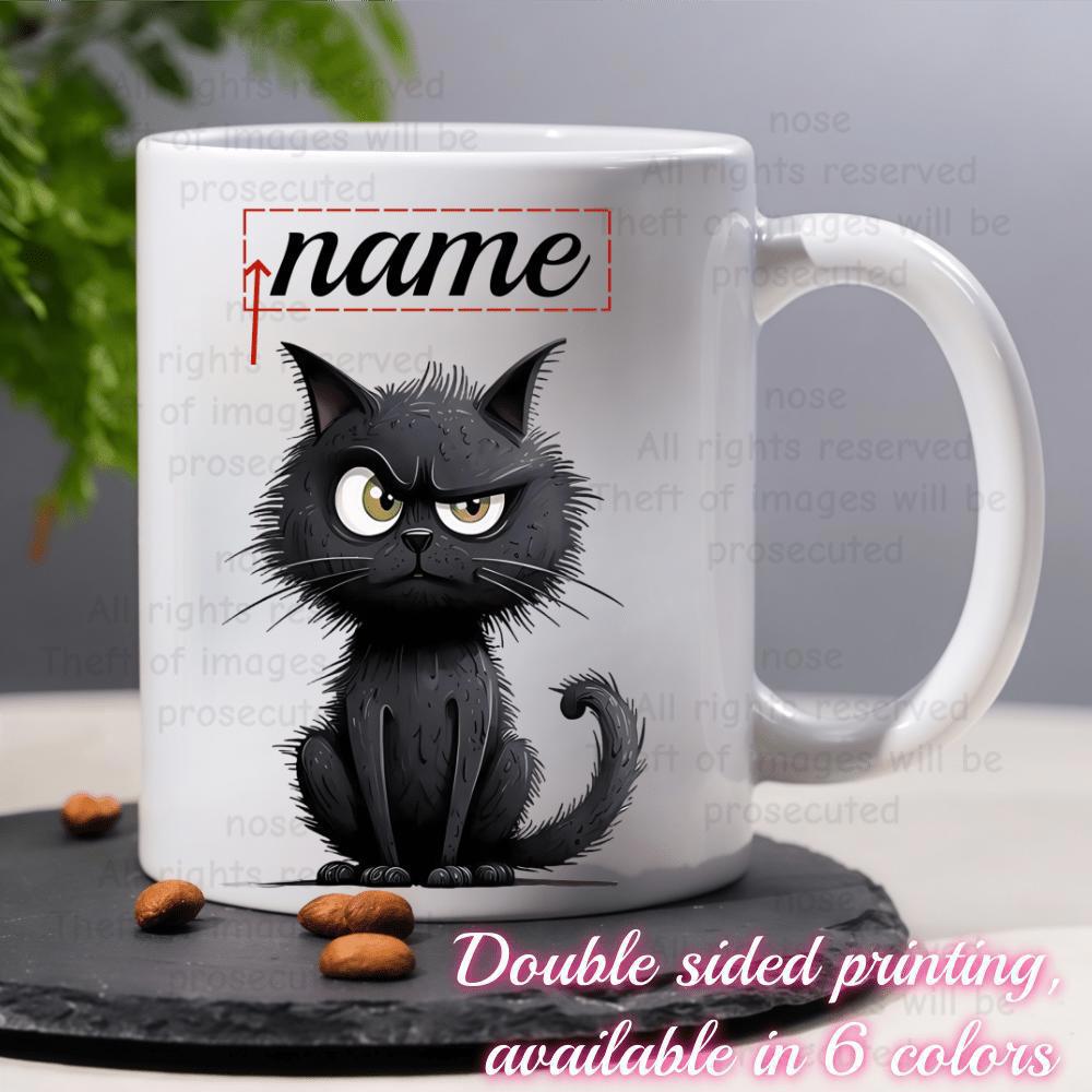 Tailorly White Ceramic 11 oz Mug - Name Grumpy Little Black Kitten With Spiky Fur And Large Expressive Eyes Cat