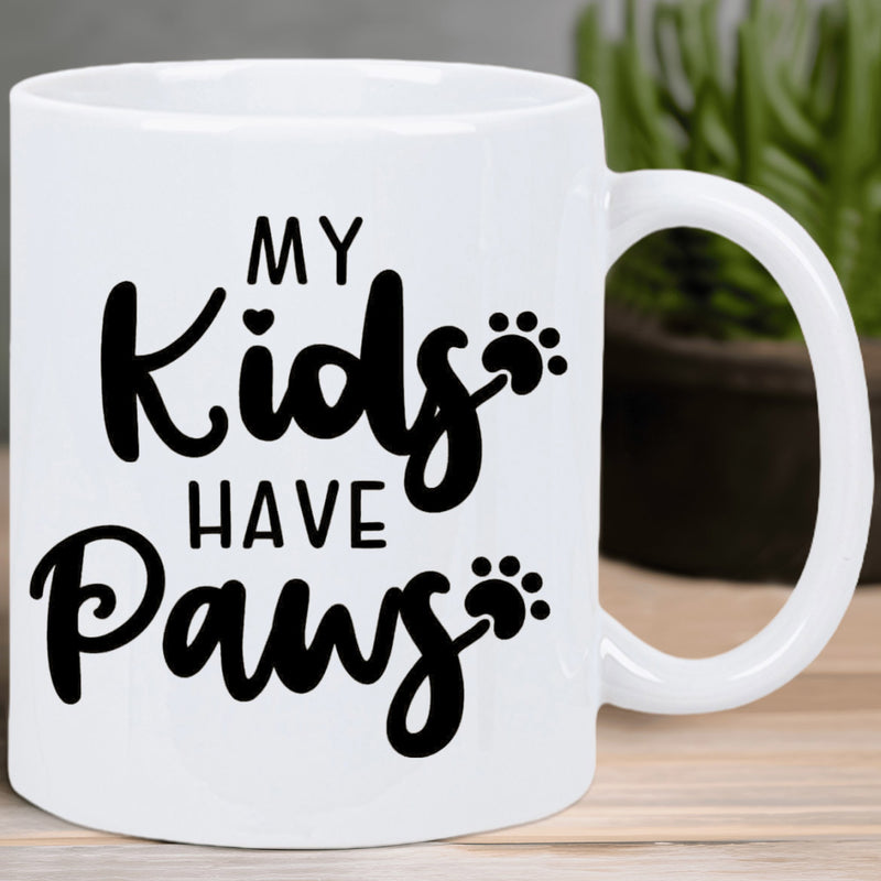 Tailorly White Ceramic 11 oz Mug - My Kids Have Paws Minimalist Black Script Typography Featuring Decorative Heart Detailed Paw