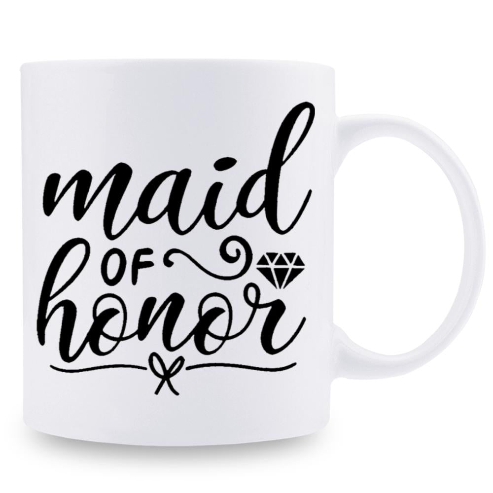 Tailorly White Ceramic 11 oz Mug - Maid Of Honor Elegant Cursive Calligraphy Script With Minimalist Black Lines And Small Diamond
