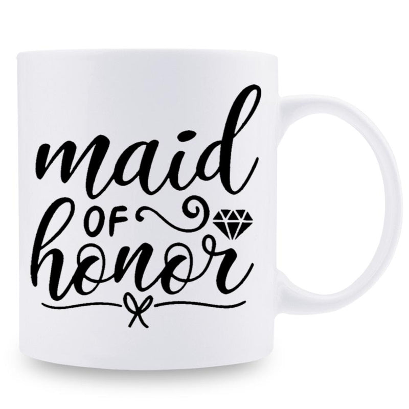 Tailorly White Ceramic 11 oz Mug - Maid Of Honor Elegant Cursive Calligraphy Script With Minimalist Black Lines And Small Diamond