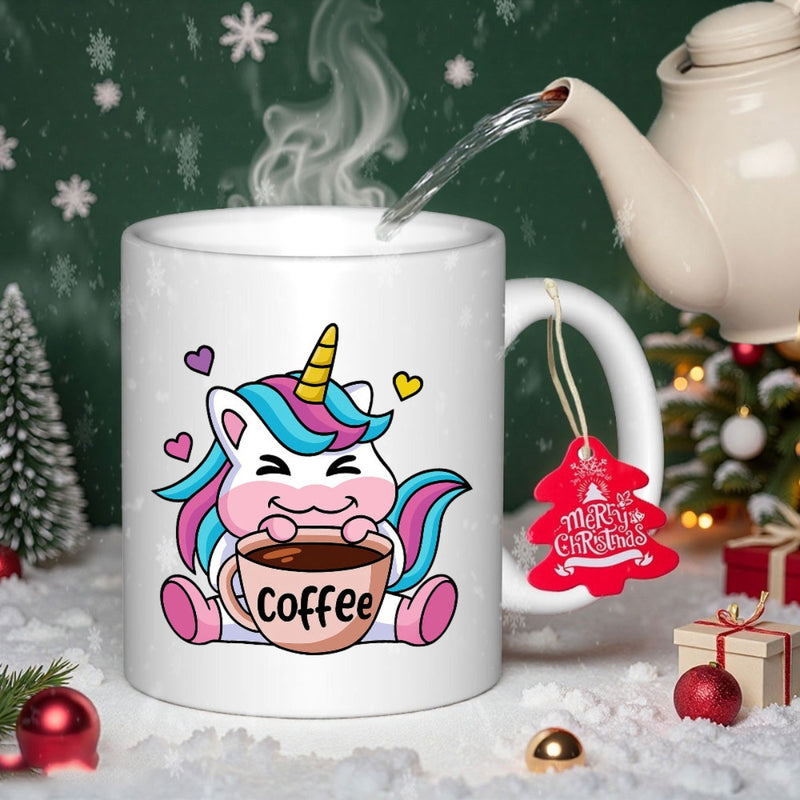 Tailorly White Ceramic 11 oz Mug - Coffee Cute Colorful Mythical Creature Sitting And Enjoying A Hot Morning Beverage Unicorn