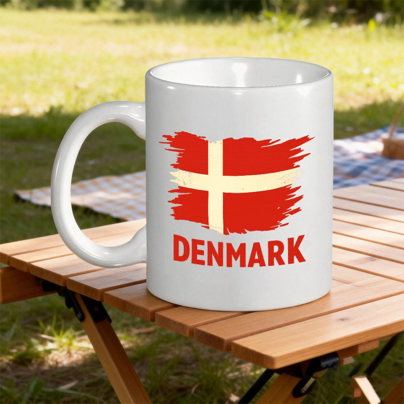 Tailorly White Ceramic 11 oz Mug - Denmark Distressed Red And White Nordic Cross With Artistic Brush Stroke Effects Flag