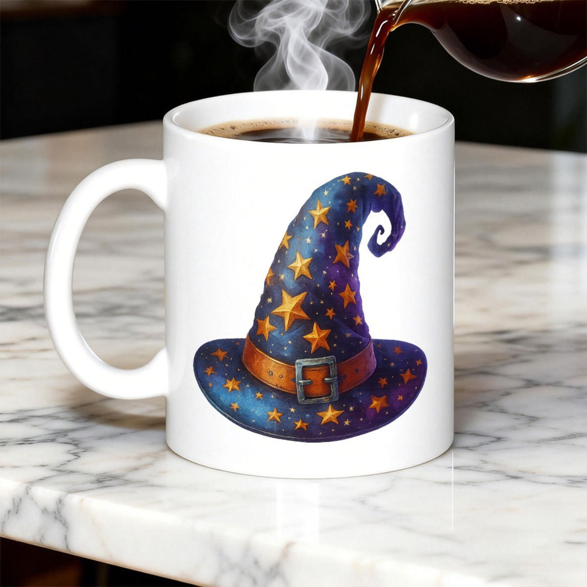 Tailorly White Ceramic 11 oz Mug - Magical Pointed Purple Fabric Featuring Golden Stars And Buckle Hat