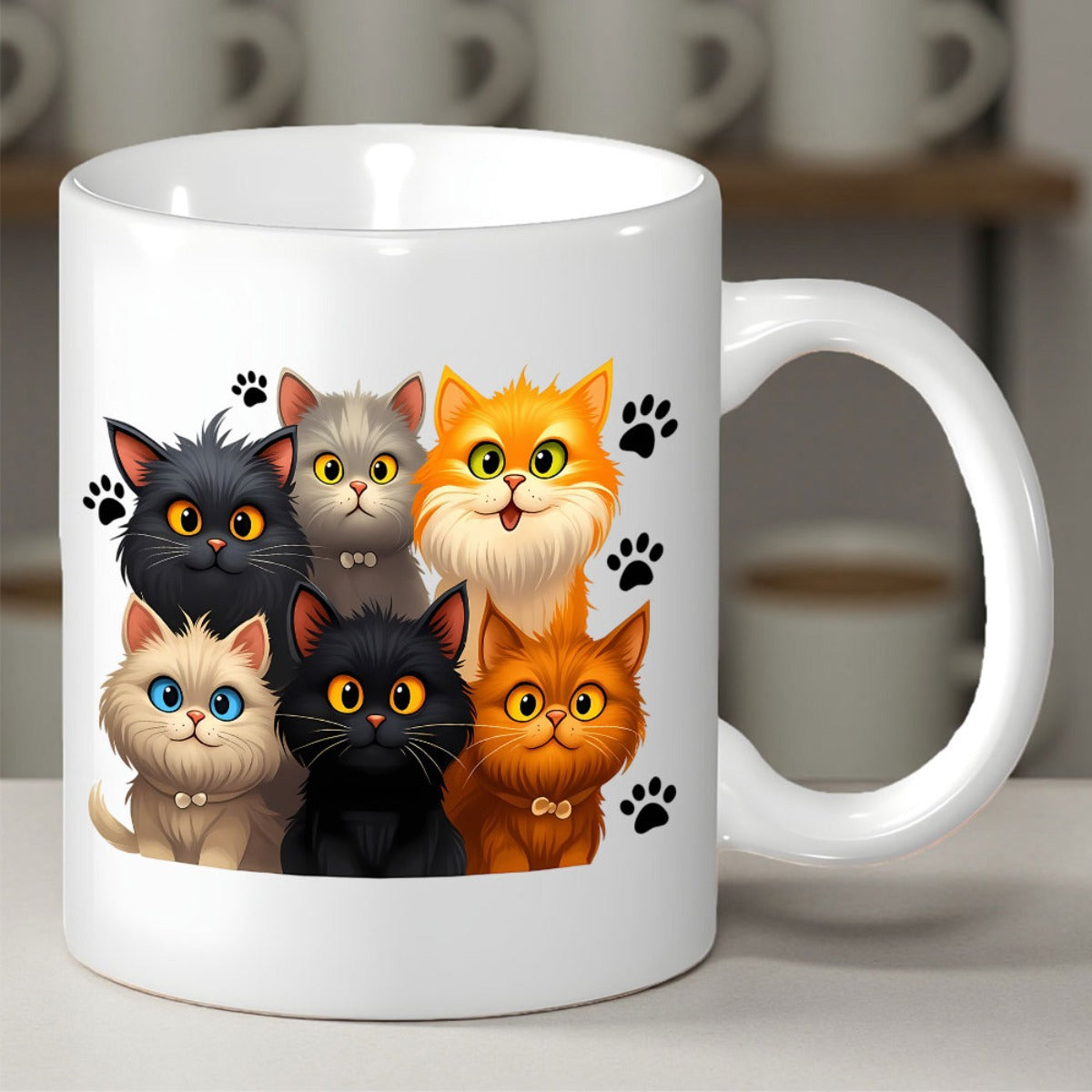 Tailorly White Ceramic 11 oz Mug - Adorable Fluffy Colorful Cartoon Kittens Huddled Together With Playful Paw Prints Cat