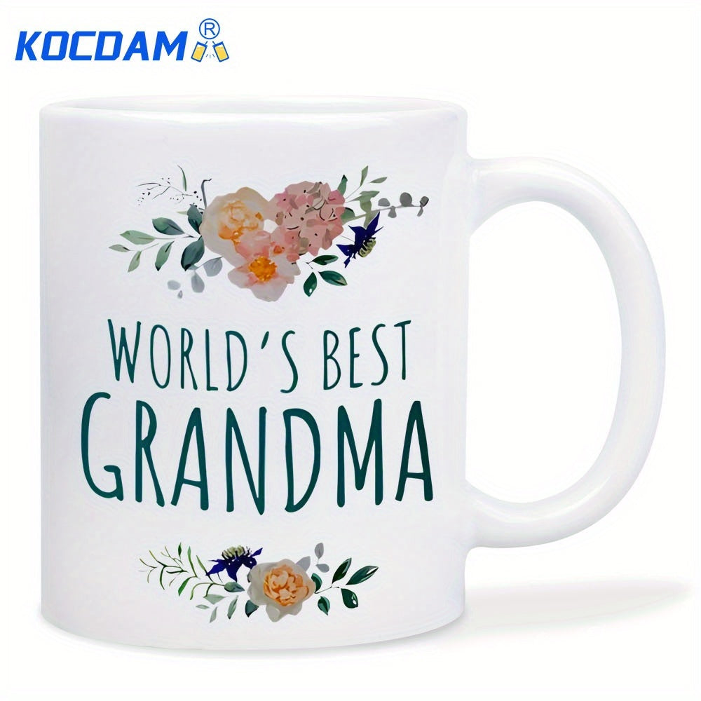 Tailorly White Ceramic 11 oz Mug - World's Best Grandma Elegant Watercolor Floral Bouquet Surrounded By Delicate Green Leaves And Petals Flower