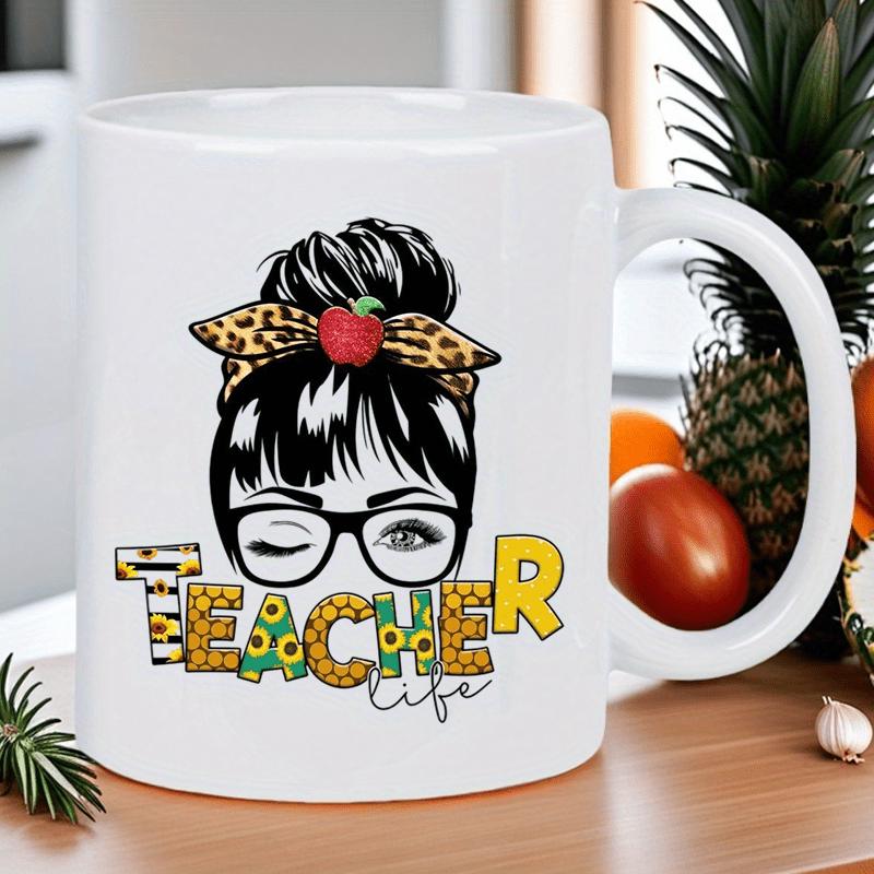 Tailorly White Ceramic 11 oz Mug - Teacher Life Messy Bun Woman Wearing Glasses And Leopard Print Bow With Red Apple Girl