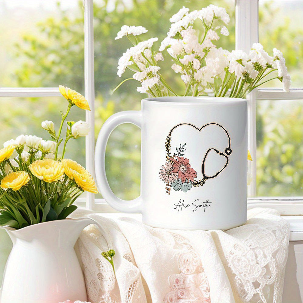 Tailorly White Ceramic 11 oz Mug - Alice Smith Heart Shaped Design Decorated With Elegant Soft Pastel Floral Blossoms Stethoscope