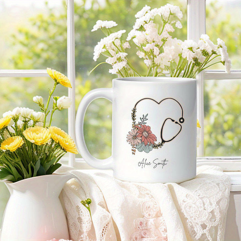 Tailorly White Ceramic 11 oz Mug - Alice Smith Heart Shaped Design Decorated With Elegant Soft Pastel Floral Blossoms Stethoscope