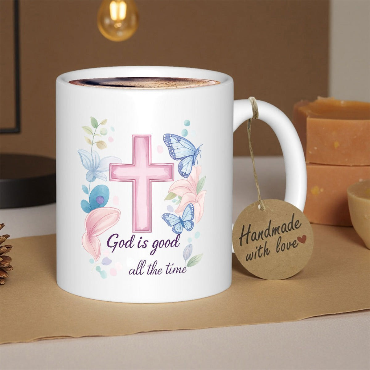 Tailorly White Ceramic 11 oz Mug - God Is Good All The Time Delicate Pastel Watercolor Flowers With Blue Butterflies Cross