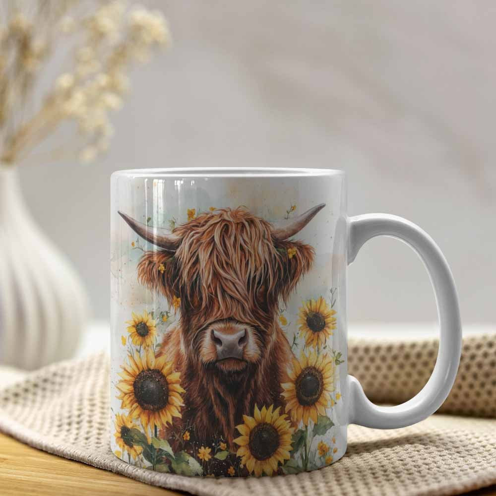 Tailorly White Ceramic 11 oz Mug - Rustic Watercolor Style Hairy Highland Cattle With Vibrant Sunflowers Cow