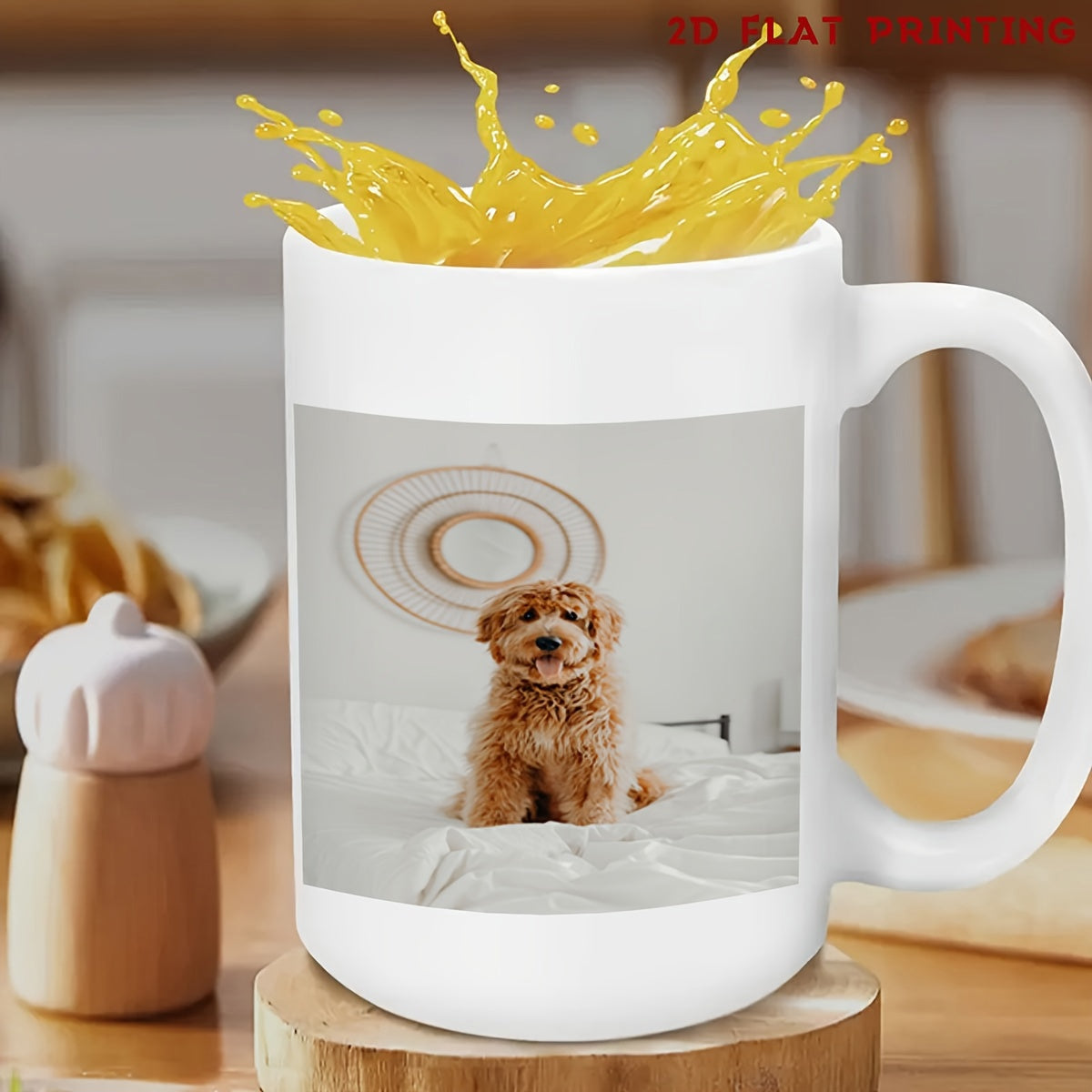 Tailorly White Ceramic 11 oz Mug - Fluffy Brown Puppy Sitting Peacefully On Soft White Bed Dog