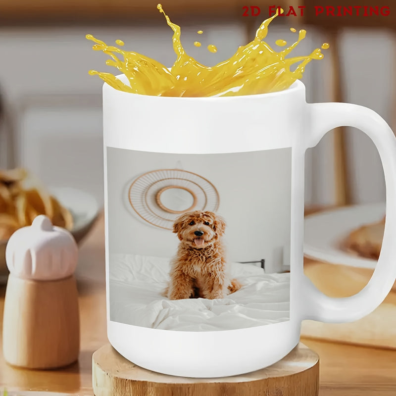 Tailorly White Ceramic 11 oz Mug - Fluffy Brown Puppy Sitting Peacefully On Soft White Bed Dog