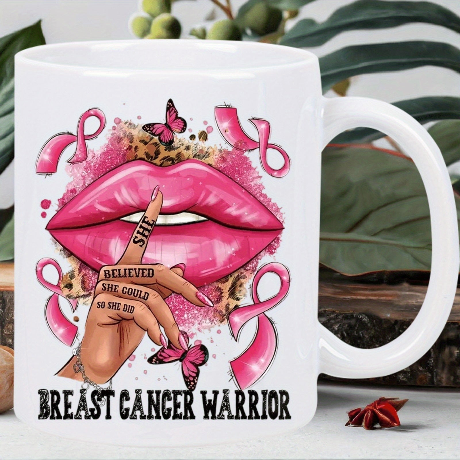 Tailorly White Ceramic 11 oz Mug - She Believed She Could So She Did Breast Cancer Warrior Vibrant Pink With Shushing Hand And Symbolic Awareness Ribbons Lips