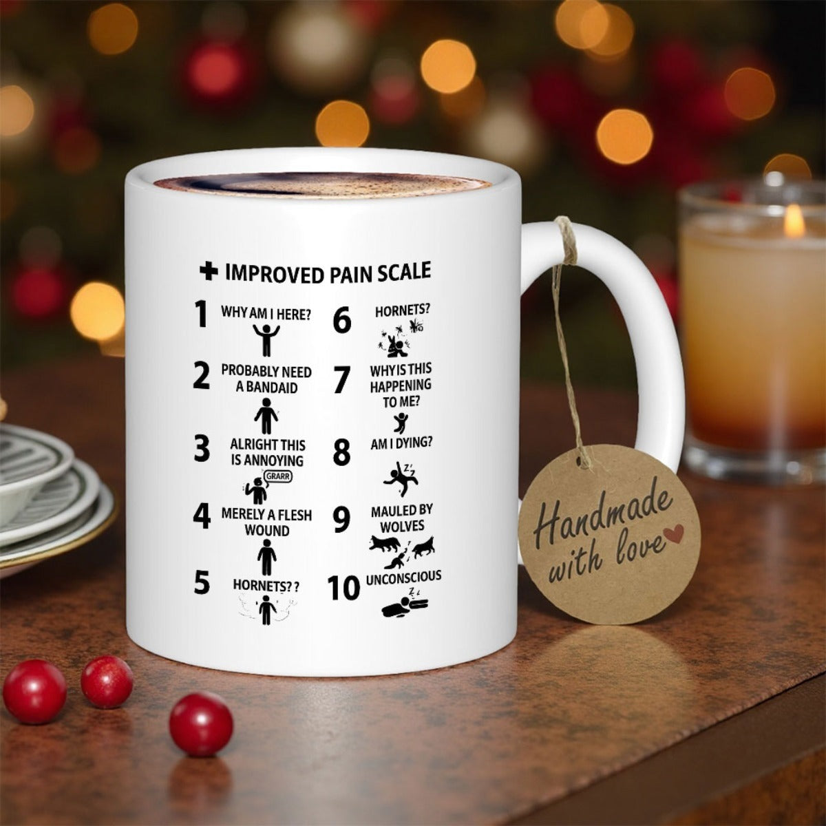 Tailorly White Ceramic 11 oz Mug - Improved Pain Scale Funny Medical Chart Featuring Multiple Levels Of Human Suffering Scale
