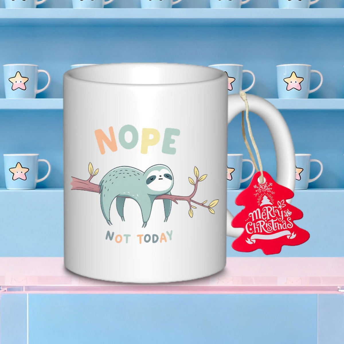 Tailorly White Ceramic 11 oz Mug - Nope Not Today Cute Cartoon Sloth Resting Lazily On A Brown Tree Branch Sloth