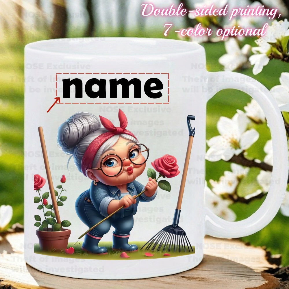 Tailorly White Ceramic 11 oz Mug - Name Charming Cartoon Grandmother Tending Red Roses With Garden Rake In Bloom Gardener
