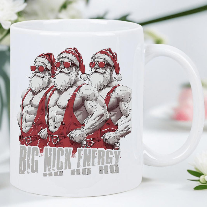 Tailorly White Ceramic 11 oz Mug - Big Nick Energy Ho Ho Ho Three Muscular Buff Santas Wearing Sunglasses And Festive Red Outfits Santa