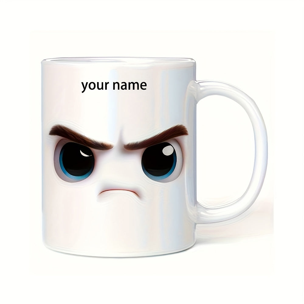 Tailorly White Ceramic 11 oz Mug - Your Name Angry Expression With Big Blue Eyes And Furrowed Brown Eyebrows Mug