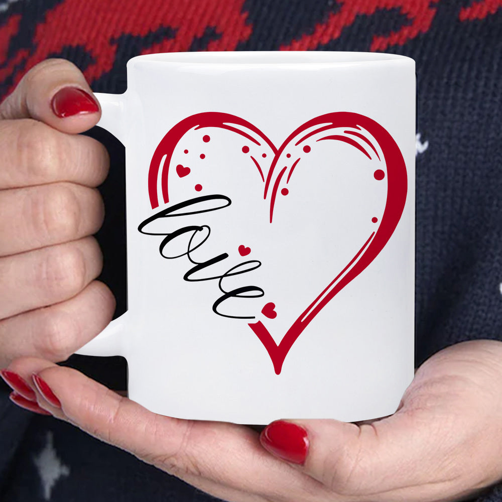 Tailorly White Ceramic 11 oz Mug - Love Elegant Artistic Red Outlined Shape With Small Dots And Script Heart