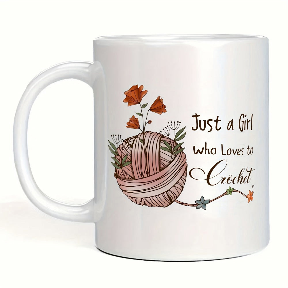 Tailorly White Ceramic 11 oz Mug - Just A Girl Who Loves To Crochet Soft Pink Ball Decorated With Delicate Blooming Flowers Yarn Ball