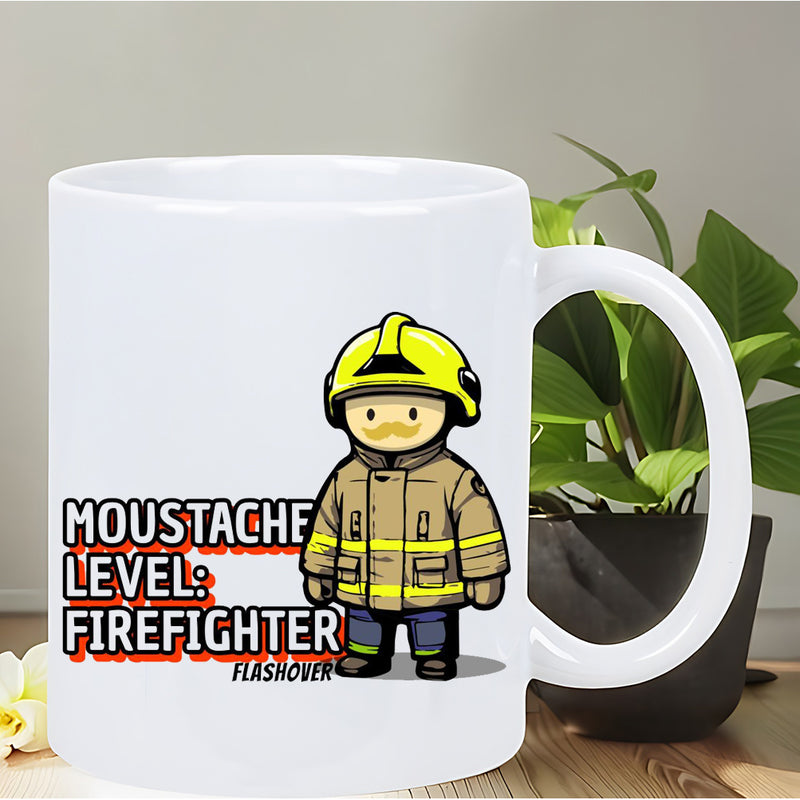 Tailorly White Ceramic 11 oz Mug - Moustache Level Firefighter Flashover Cartoony Hero Wearing A Yellow Helmet With Protective Gear Standing Proudly Firefighter