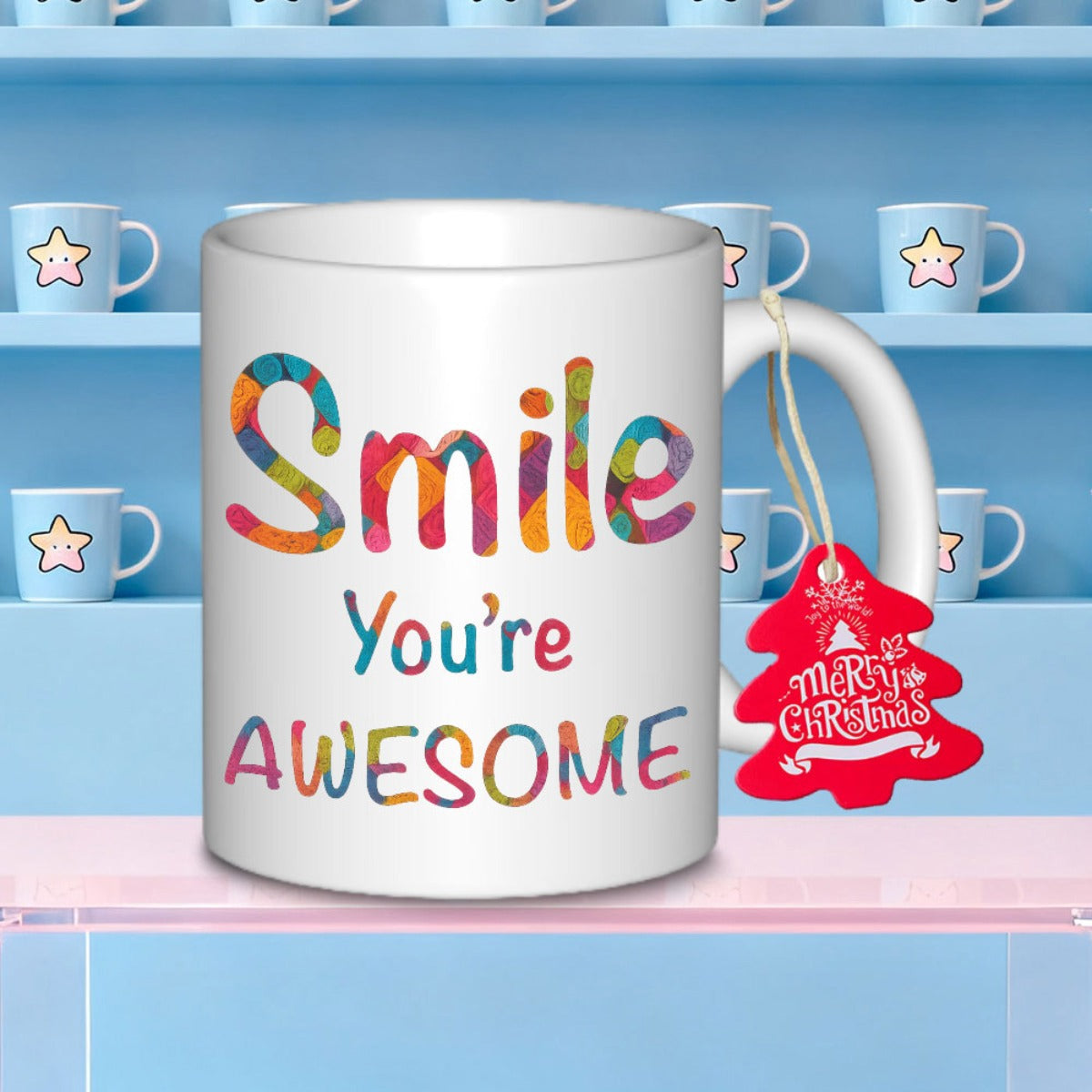 Tailorly White Ceramic 11 oz Mug - Smile Youre Awesome Colorful Textured Lettering With Inspirational Quote Set Against Minimalist