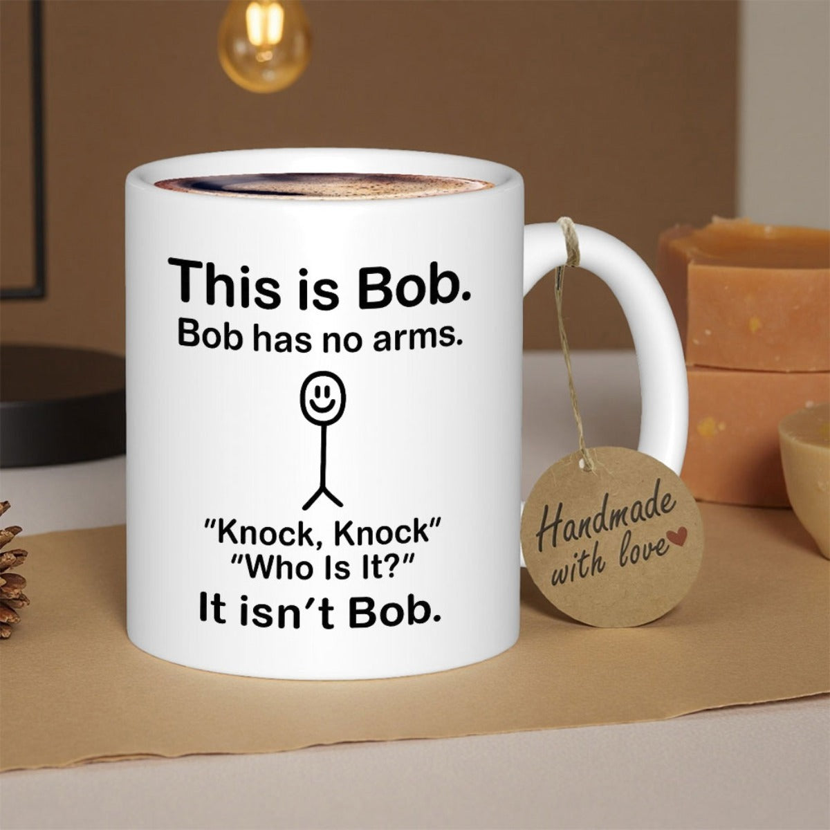Tailorly White Ceramic 11 oz Mug - This Is Bob Bob Has No Arms Knock Knock Who Is It It Isnt Bob Minimalist Line Drawing Of A Smiling Stick Figure Character On