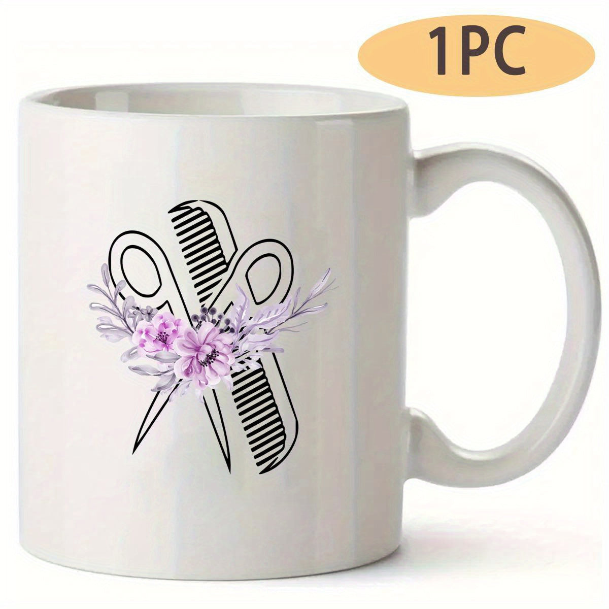 Tailorly White Ceramic 11 oz Mug - Stylized Crossed Barber Comb Decorated With Delicate Purple Floral Blooms Scissors