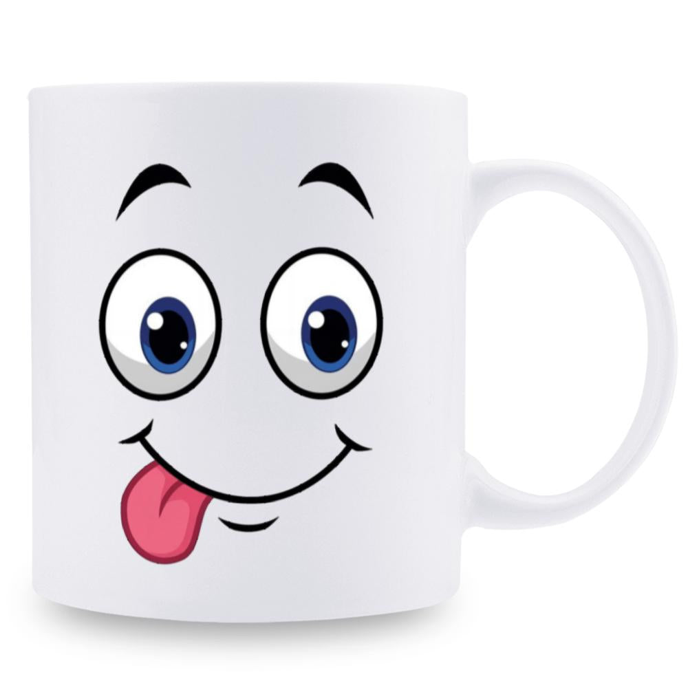 Tailorly White Ceramic 11 oz Mug - Whimsical Cartoon Smiling Expression With Large Eyes And Pink Tongue Face