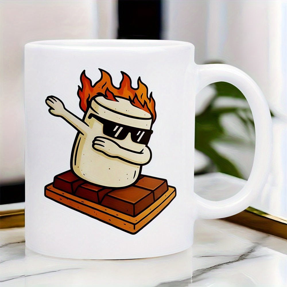 Tailorly White Ceramic 11 oz Mug - Flaming Cartoon Character Dabbing Atop A Delicious Chocolate Graham Cracker Base Marshmallow