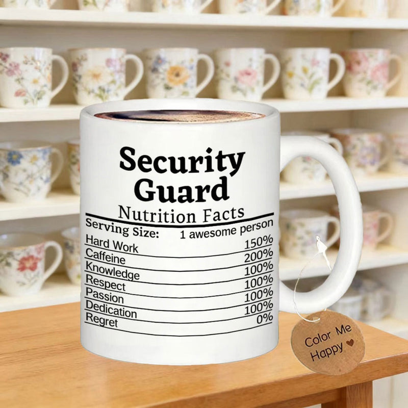 Tailorly White Ceramic 11 oz Mug - Security Guard Nutrition Facts Professional Black Typography In A Structured Vertical Information Grid Layout Mug