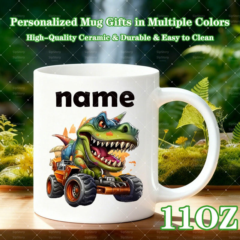 Tailorly White Ceramic 11 oz Mug - Name Fierce Cartoon Tyrannosaurus Rex Driving A Rugged Orange Monster Truck Muddy Tires Dinosaur
