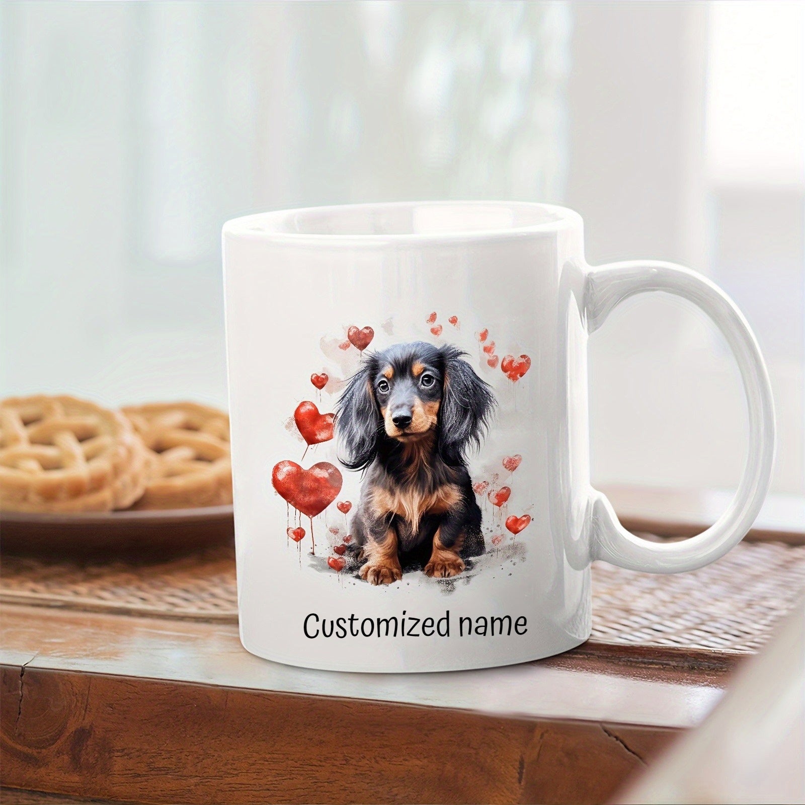 Tailorly White Ceramic 11 oz Mug - Customized Name Adorable Long Haired Puppy Surrounded By Floating Red Heart Shaped Balloons Dachshund