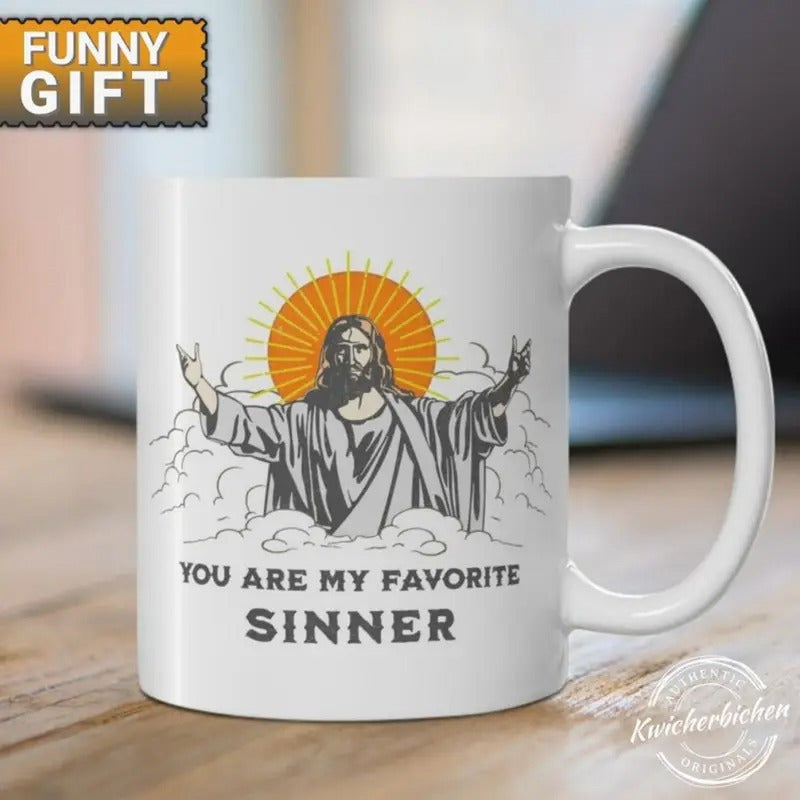 Tailorly White Ceramic 11 oz Mug - You Are My Favorite Sinner Divine Holy Man With Radiant Sun Halo Among Clouds Jesus