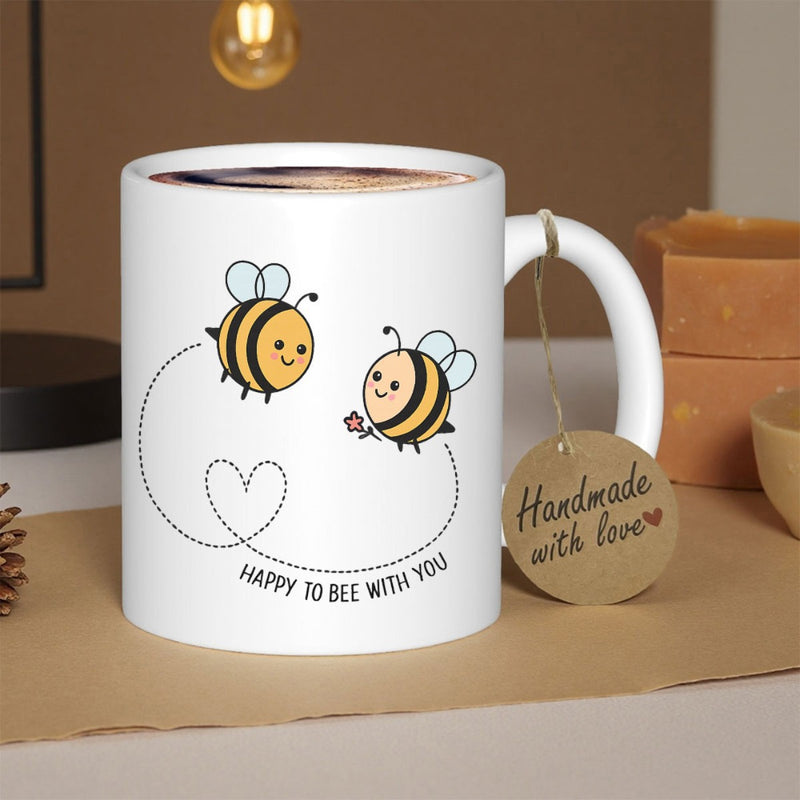 Tailorly White Ceramic 11 oz Mug - Happy To Bee With You Two Charming Cartoon Bumblebees Flying Near A Dotted Heart Shape Bee