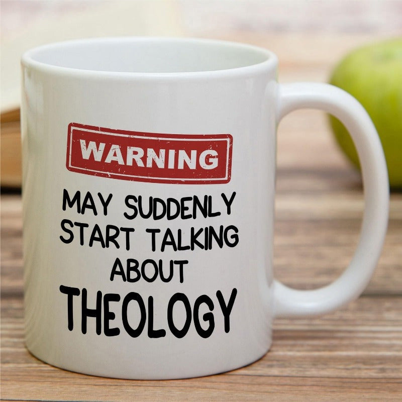 Tailorly White Ceramic 11 oz Mug - Warning May Suddenly Start Talking About Theology Simple Minimalist White Ceramic Featuring Vintage Distressed Red Label Design