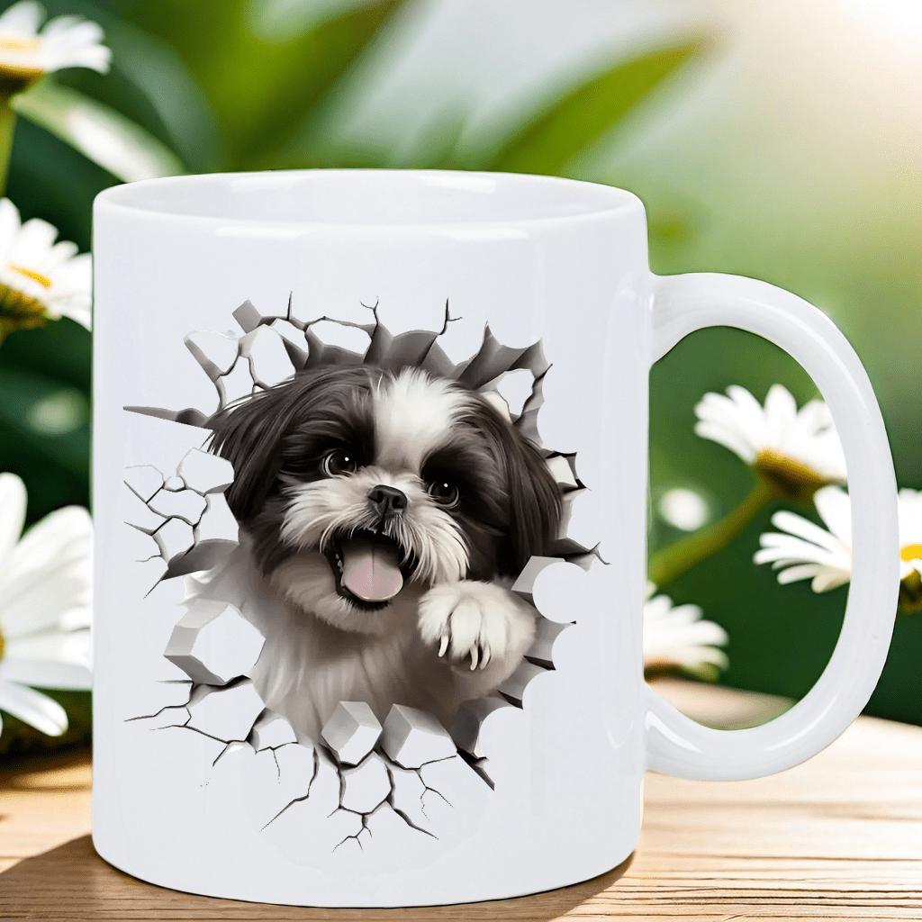 Tailorly White Ceramic 11 oz Mug - Cute Black And White Puppy Bursting Through A Cracked Stone Wall Dog