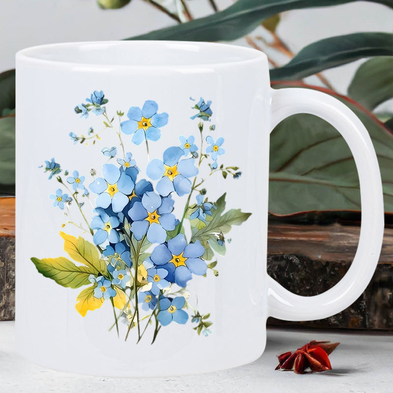 Tailorly White Ceramic 11 oz Mug - Delicate Blooming Blue Wildflowers Surrounded By Vibrant Green Spring Leaves Flower