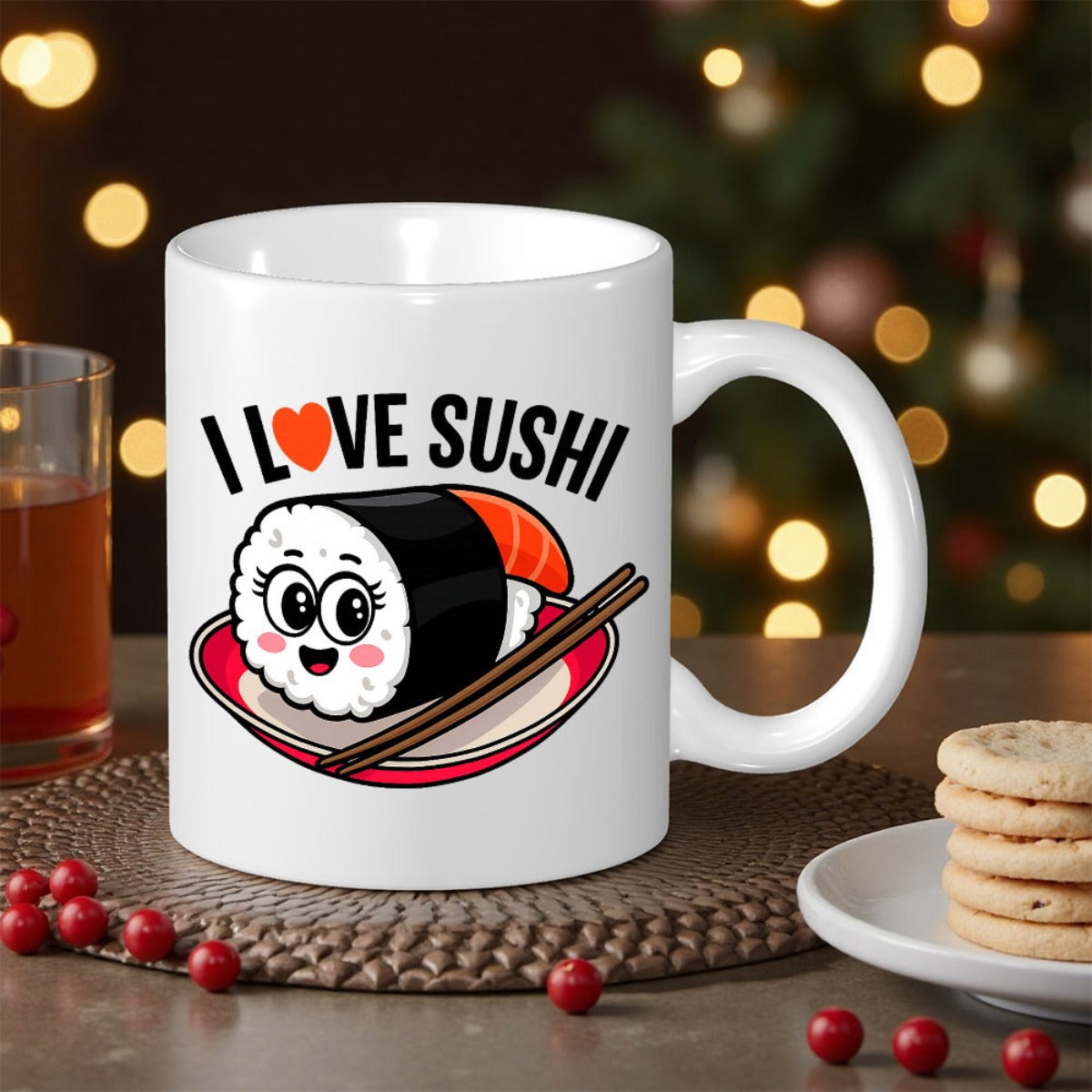 Tailorly White Ceramic 11 oz Mug - I Love Sushi Adorable Cartoon Food Character Sitting On Plate With Wooden Chopsticks Sushi