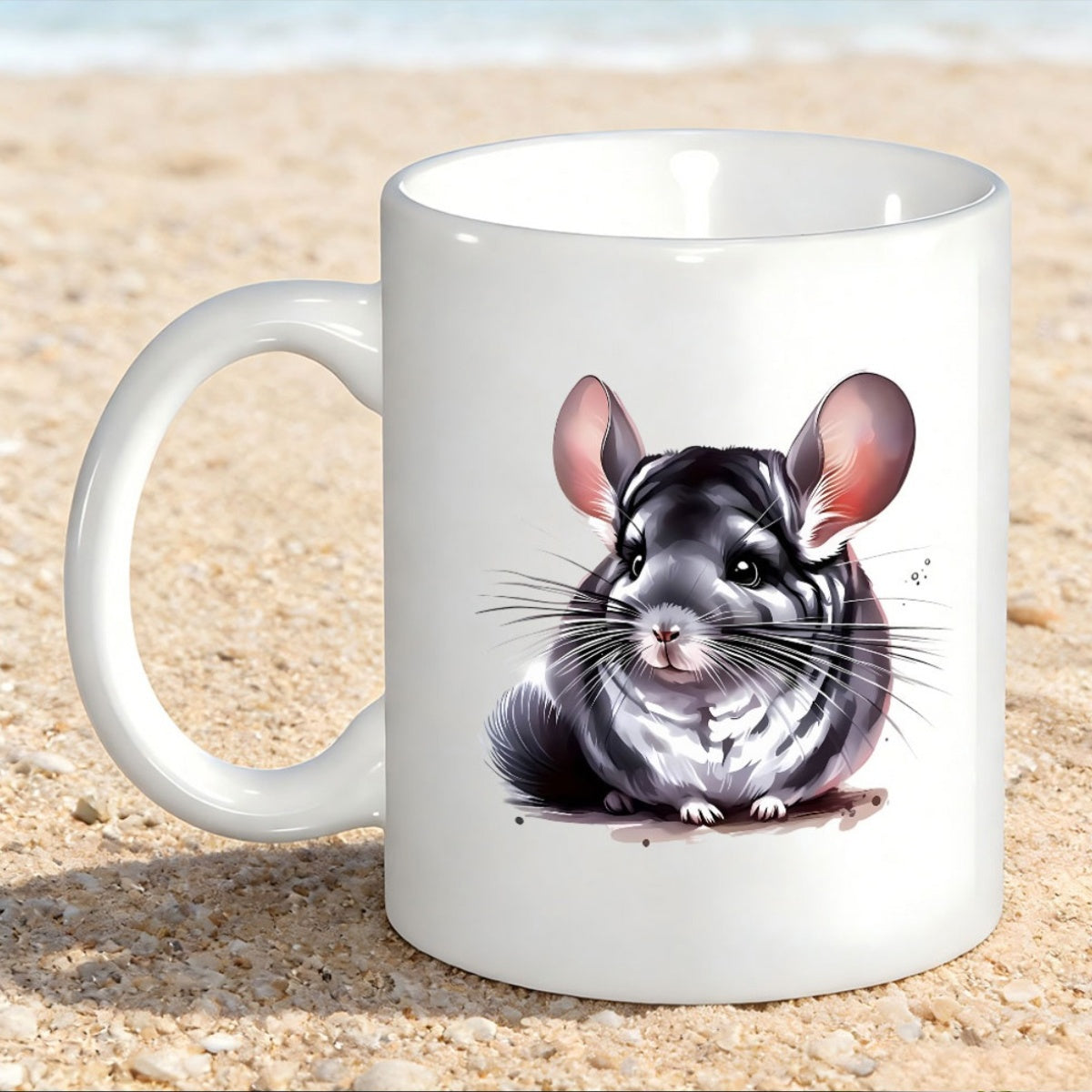 Tailorly White Ceramic 11 oz Mug - Soft Furry Animal Resting Gently On Warm Sunlit Sand Chinchilla