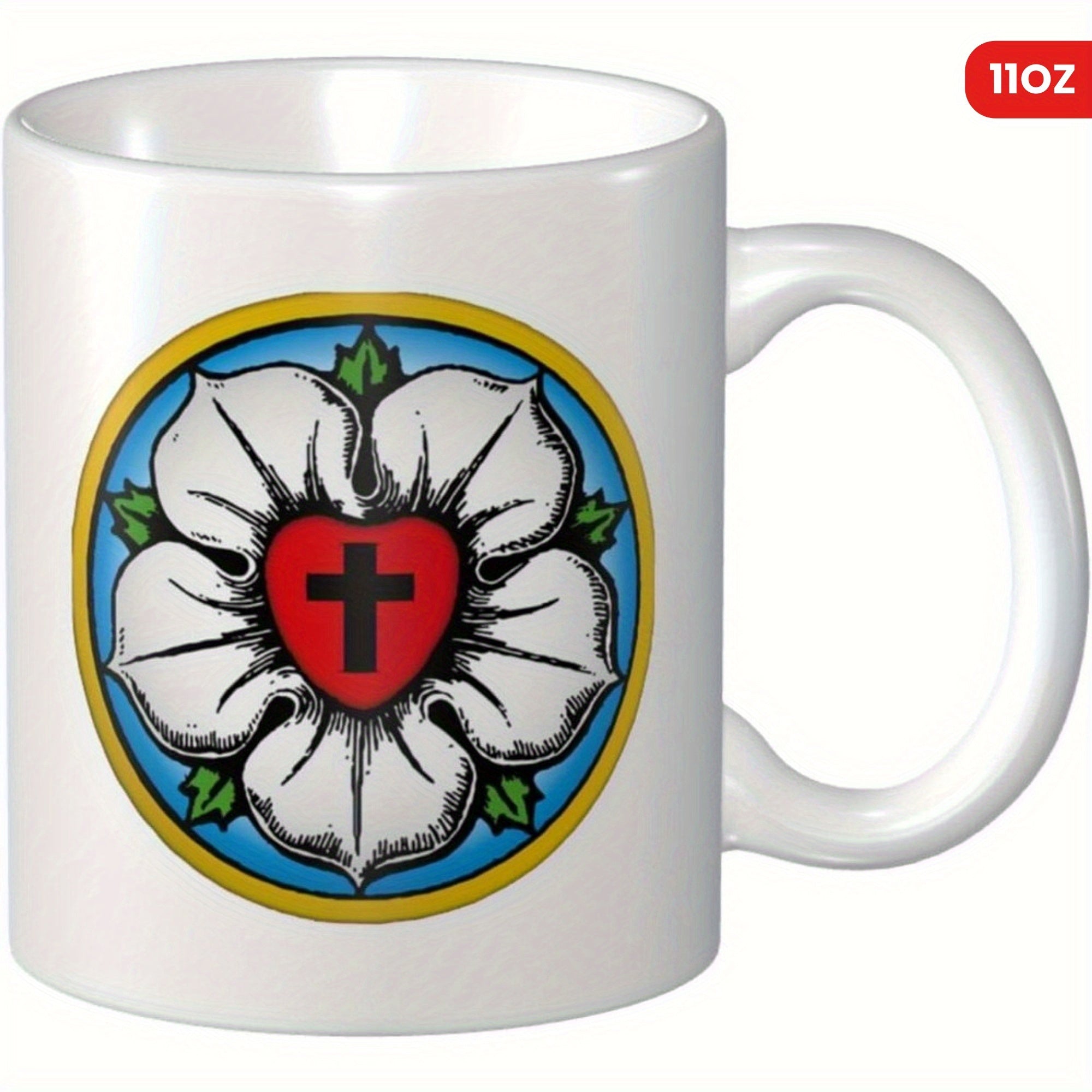 Tailorly White Ceramic 11 oz Mug - Traditional Religious Symbol With Cross Heart And Petals Inside Gold Circle Rose