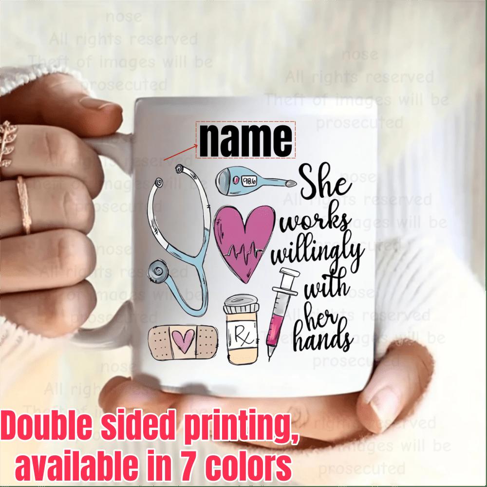Tailorly White Ceramic 11 oz Mug - She Works Willingly With Her Hands Artistic Healthcare Symbols With Heart And Medical Tools Stethoscope