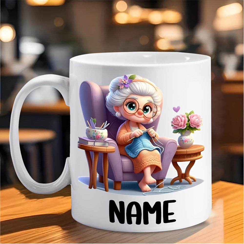 Tailorly White Ceramic 11 oz Mug - Name Cute Elderly Lady Knitting Blue Yarn On Purple Armchair Softly Grandmother