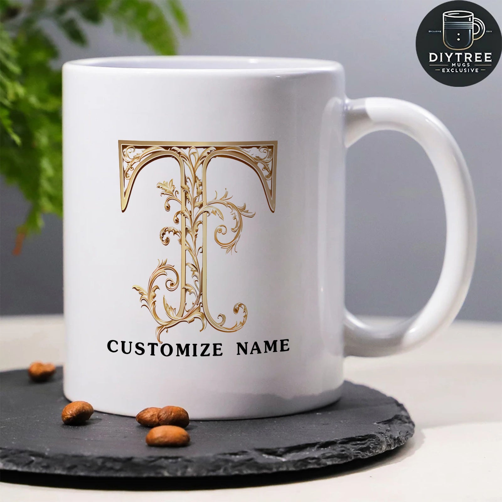 Tailorly White Ceramic 11 oz Mug - Customize Name Elegant Ornate Golden Filigree Patterns With Intricate Floral Details Letter